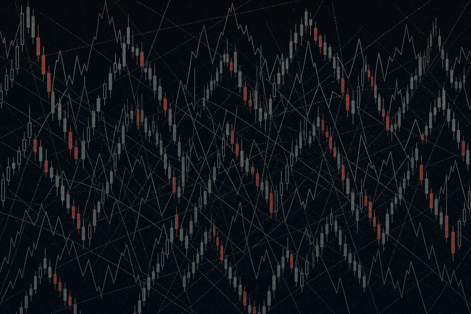 Chaotic, overlapping price lines and candlesticks representing market noise and reactive trading without a plan